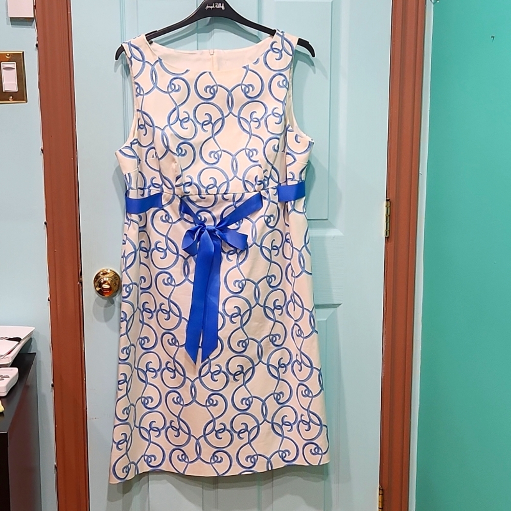 Jessica Howard Sleeveless Dress Blue Swirl Print With Ribbon Belt